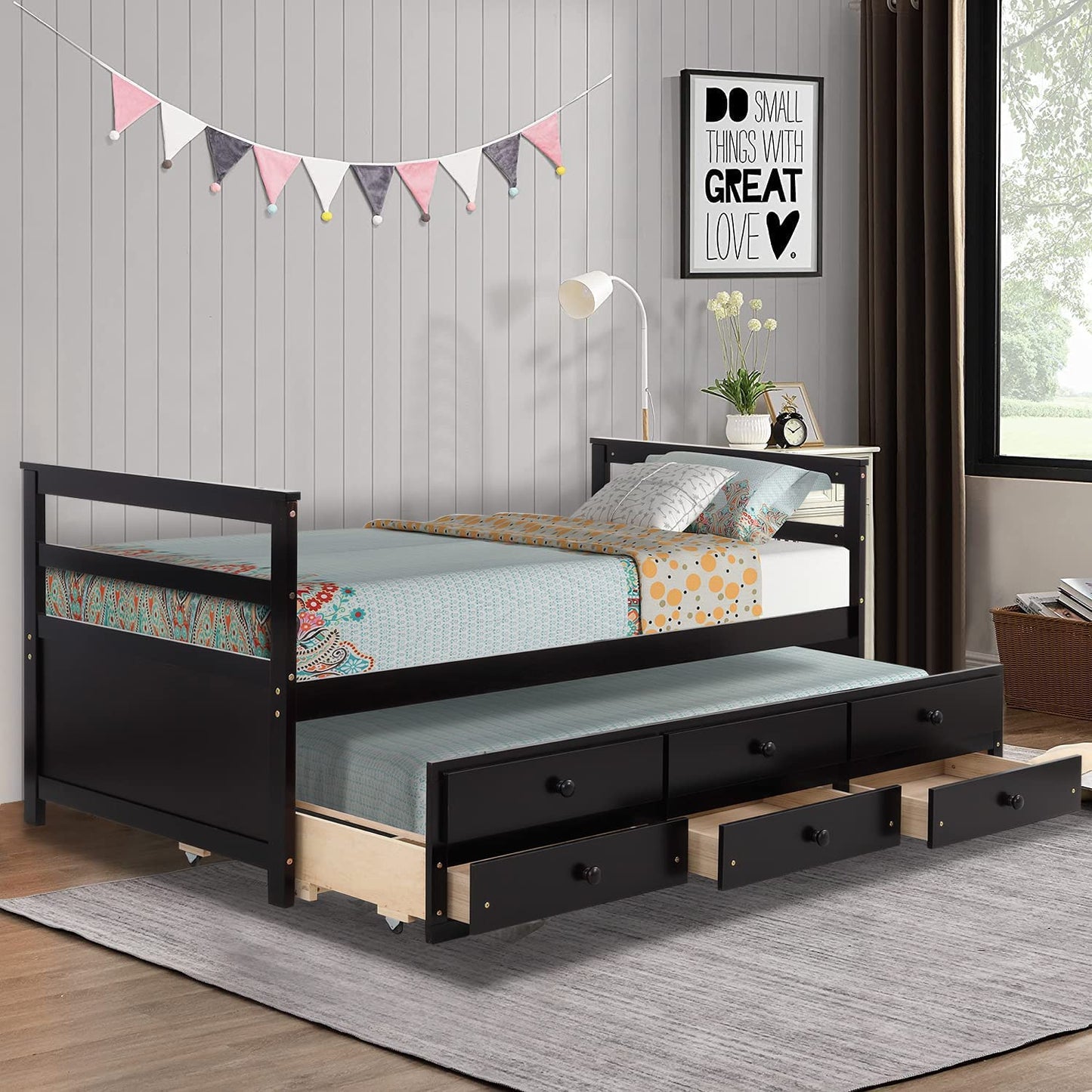 Twin Bed with Trundle and 3 Storage Drawers, Captain Bed Frame with Headboard and Footboard
