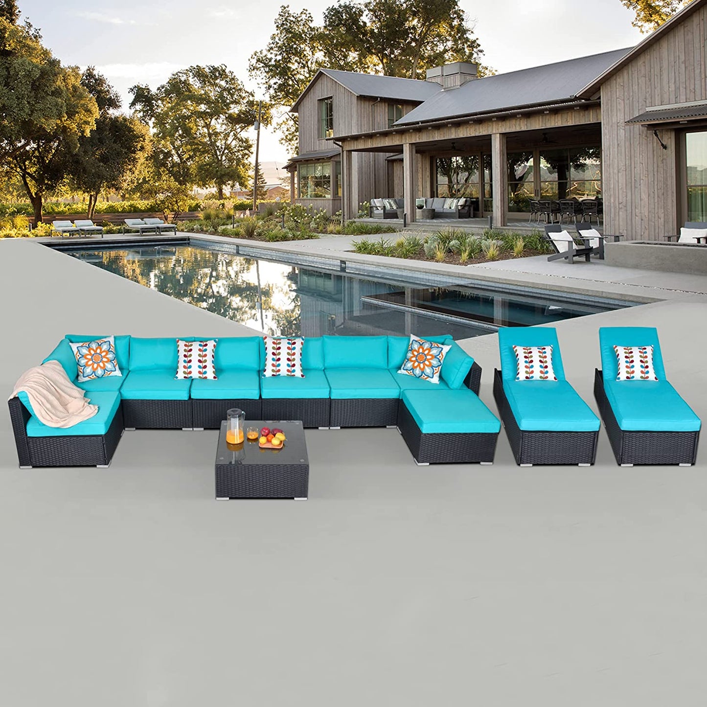 11 Piece Patio Furniture Set with Chaise Lounge Chairs, All-Weather Wicker Patio Conversation Set, Outdoor Sectional Sofa with Coffee Table