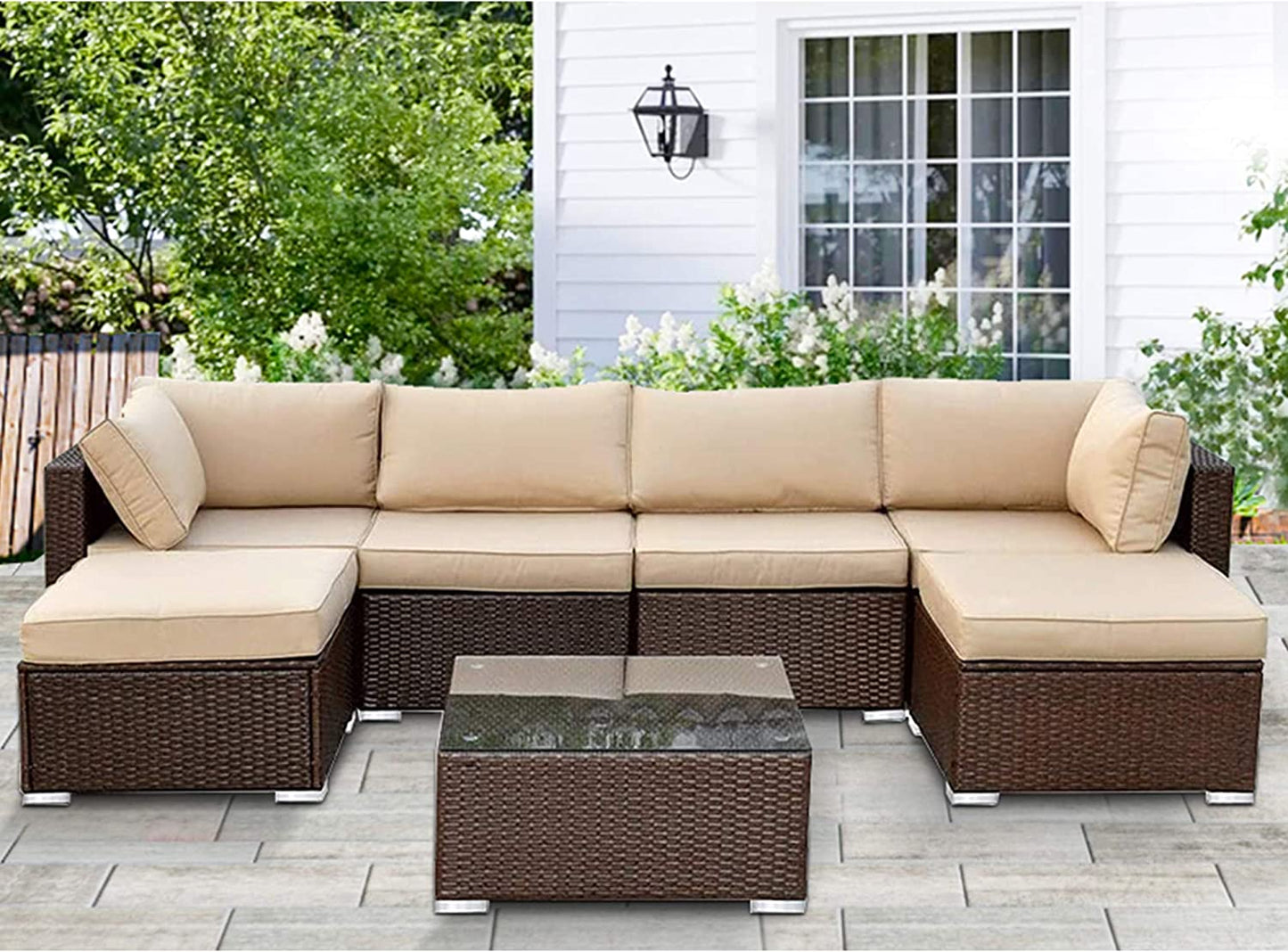 Patio Furniture Sets 9 Piece Outdoor Conversation Set, All Weather Brown PE Wicker Furniture Set with Glass Table, Ottoman Sofas, Removabl Cushions