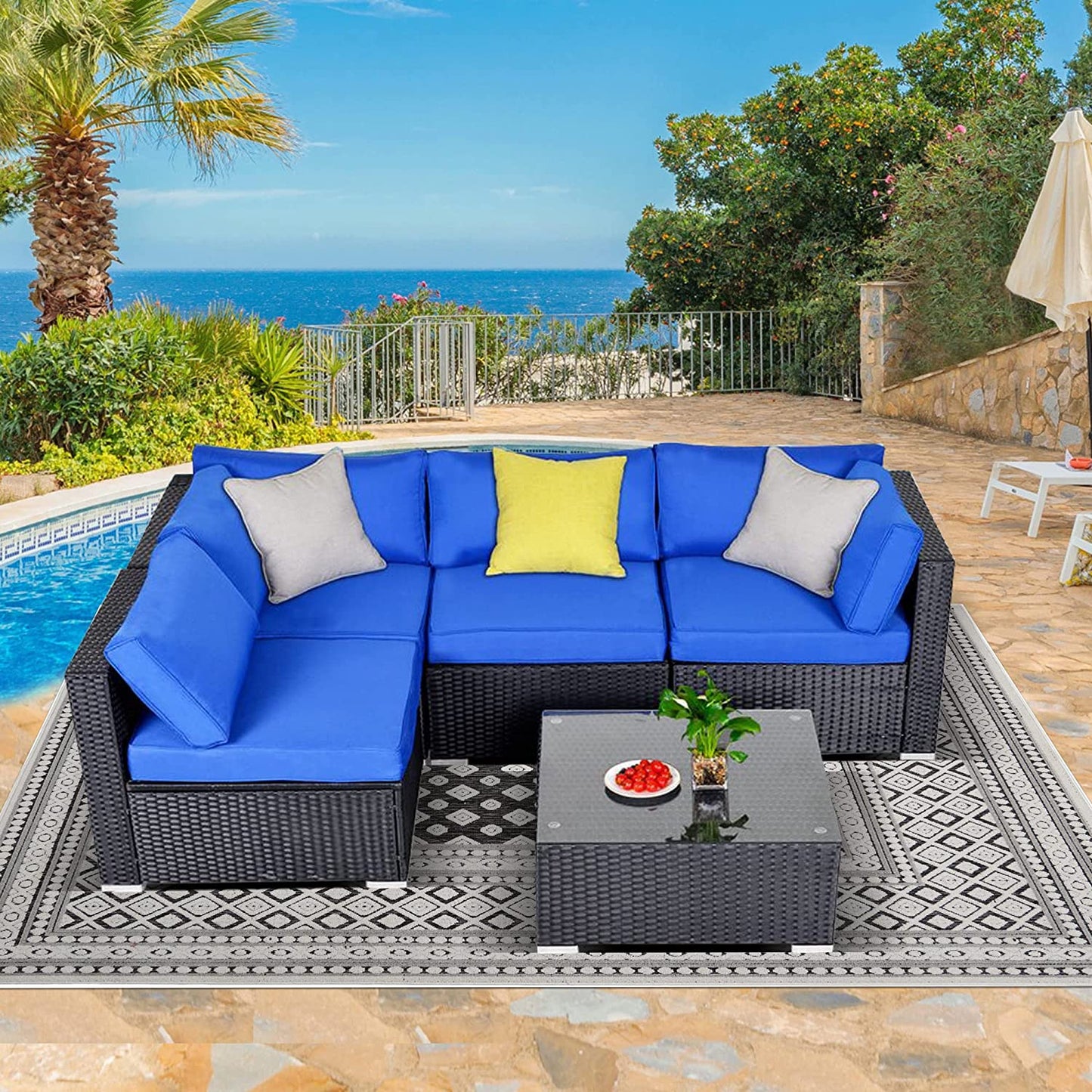 5 Piece Patio Furniture Sets, All-Weather Wicker Rattan Outdoor Sectional Couch Sofa with Tea Table & Washable Cushions