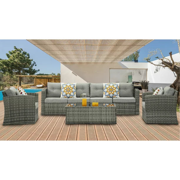 Royalcraft Outdoor Patio Furniture,10 Pieces All-Weather Patio Conversation Set Wicker Sectional Sofa with Non-slip Cushions,Aluminum Frame,Grey