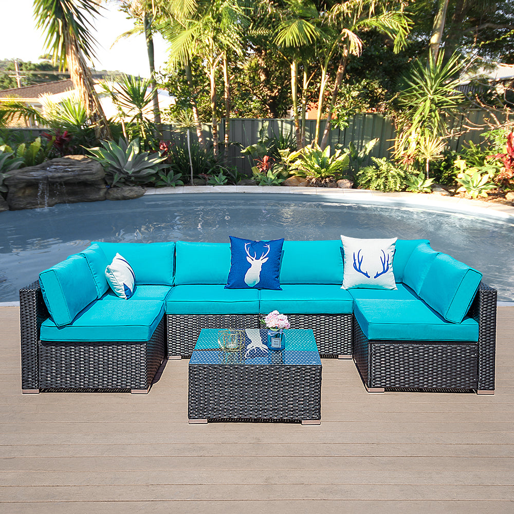 7 Piece Outdoor Rattan All Weather Sectional Sofa with Turquoise Cushions - Sunvivi