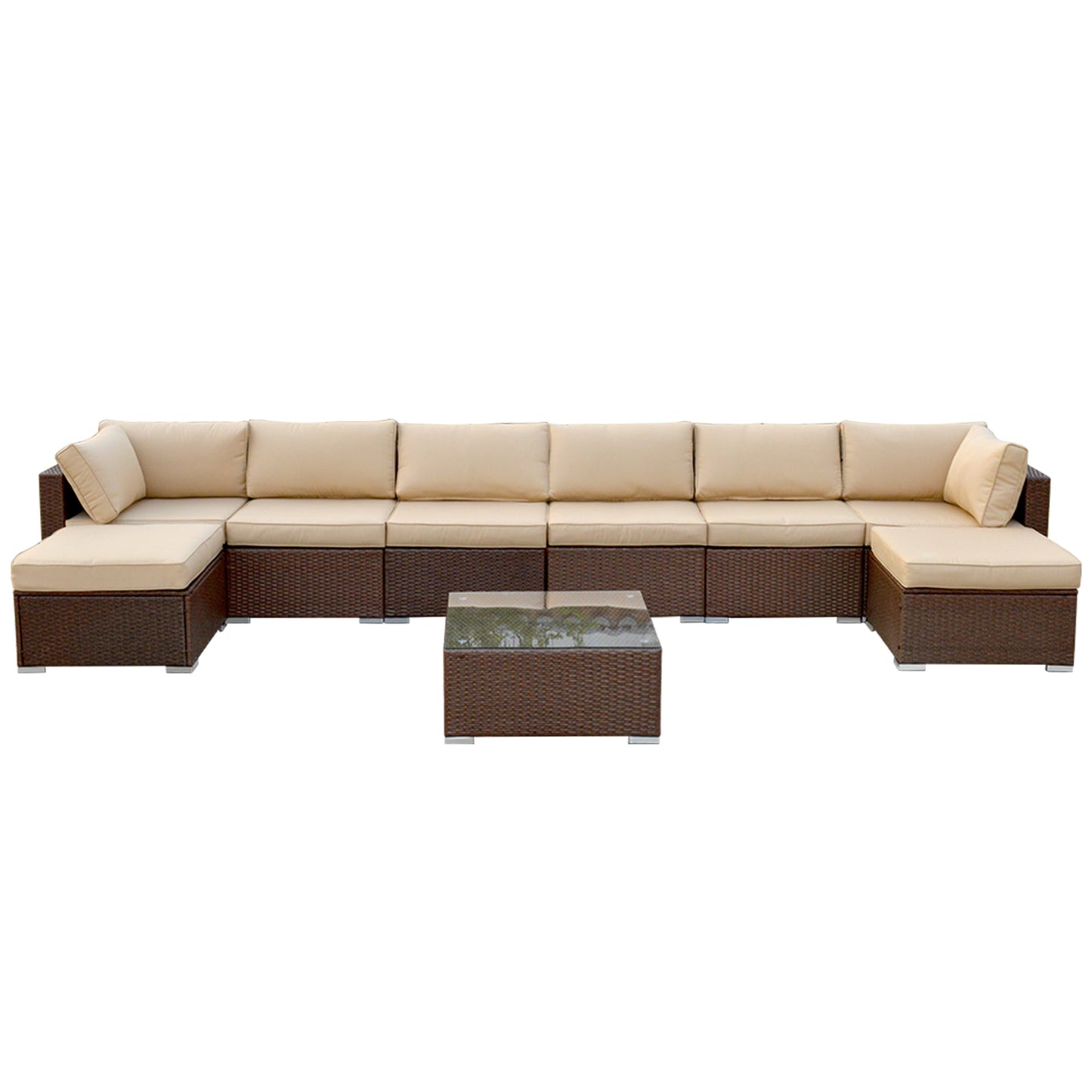 Patio Furniture Sets 9 Piece Outdoor Conversation Set, All Weather Brown PE Wicker Furniture Set with Glass Table, Ottoman Sofas, Removabl Cushions