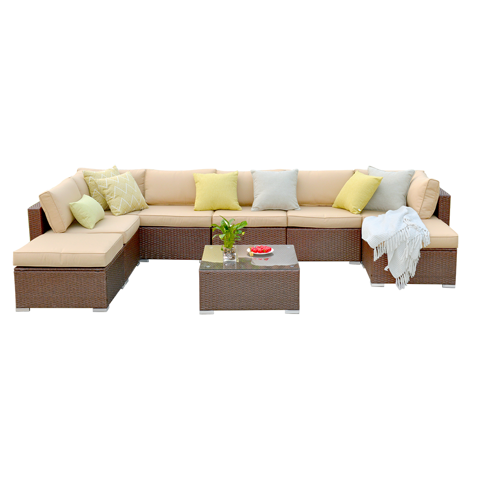 Patio Furniture Sets 9 Piece Outdoor Conversation Set, All Weather Brown PE Wicker Furniture Set with Glass Table, Ottoman Sofas, Removabl Cushions