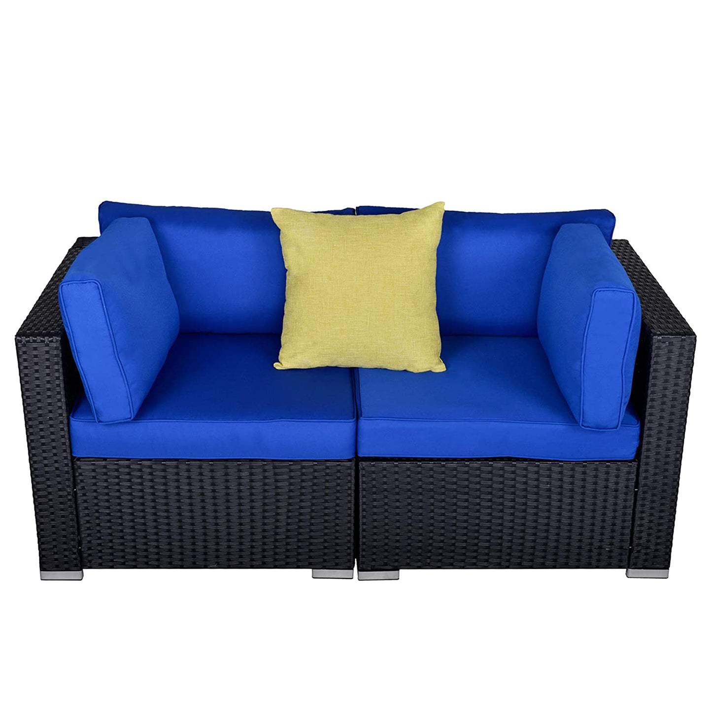 Loveseat Sectional Sofa Set , Black Wicker Navy Blue Cushions - Sunvivi