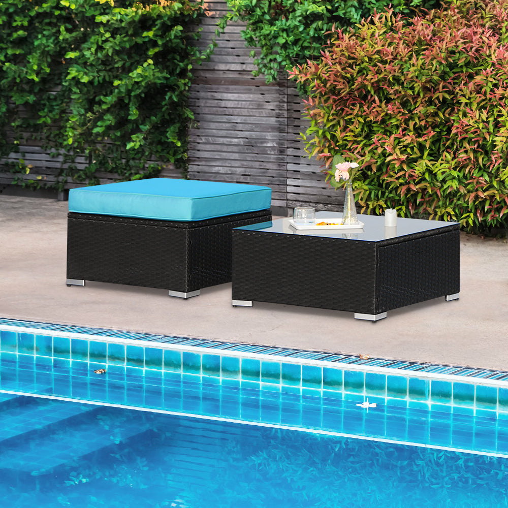 2 Pieces Sectional Ottoman with Coffee Table, Turquoise Cushions - Sunvivi