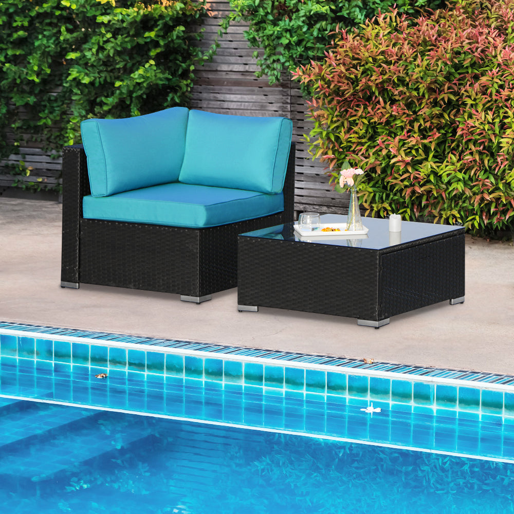 2 Pieces Sectional Set Corner Sofa and Coffee Table, Turquoise Cushions - Sunvivi