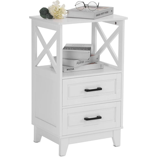 White Nightstand with 2 Drawers, Wood Bedside Tall End Table