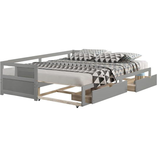 Extendable Daybed with Trundle and 2 Storage Drawers, Twin to King Daybed with Wood Roll Out Bed Frame