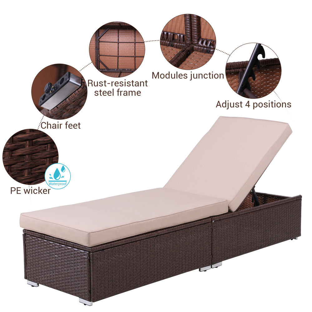 Wicker Chaise Lounge Chair, Beige Cushions - Sunvivi
