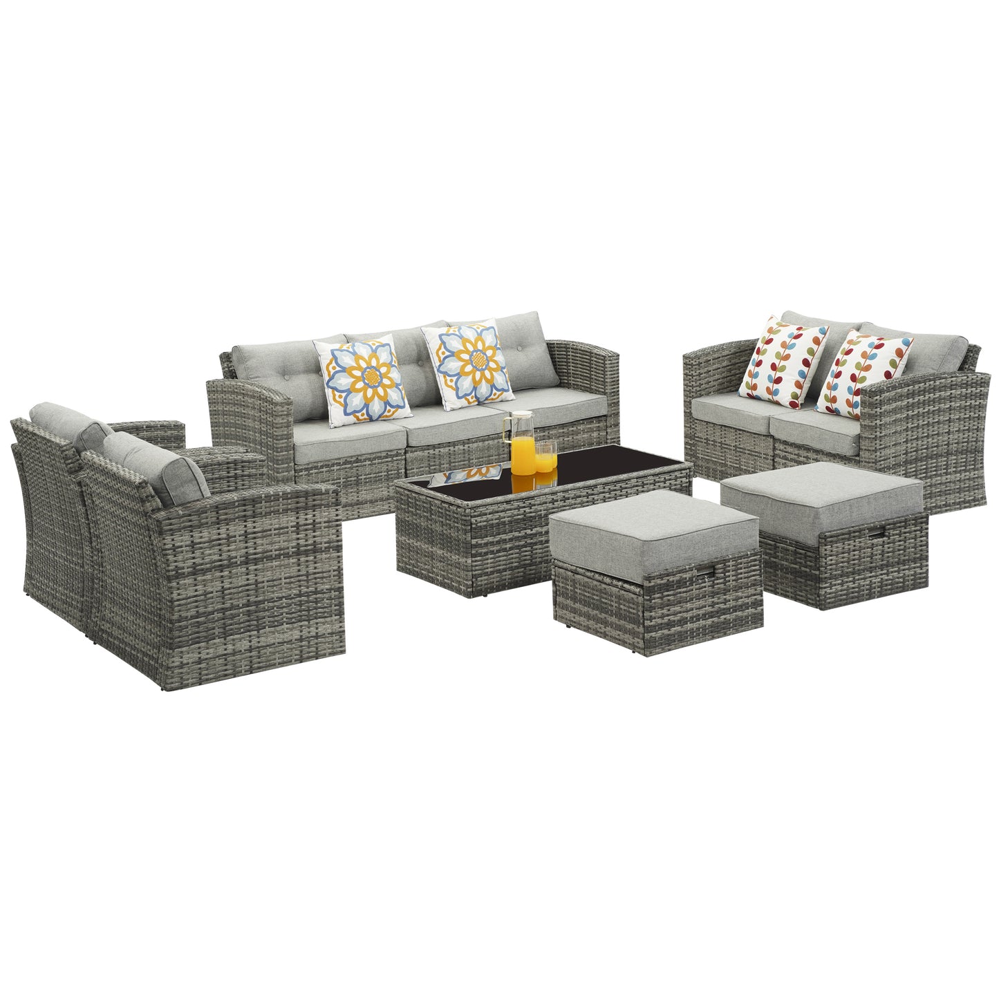 Royalcraft Outdoor Patio Furniture,10 Pieces All-Weather Patio Conversation Set Wicker Sectional Sofa with Non-slip Cushions,Aluminum Frame,Grey