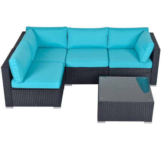 5 Piece Patio Furniture Sets, All-Weather Wicker Rattan Outdoor Sectional Couch Sofa with Tea Table & Washable Cushions