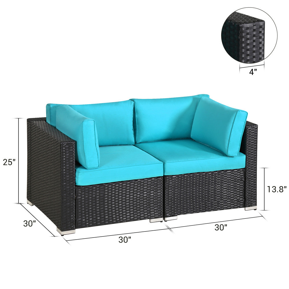 Patio Loveseats Outdoor All Weather Sectional Sofa Rattan Wicker Corner Sofa, Blace Wicker Blue Cushions - Sunvivi