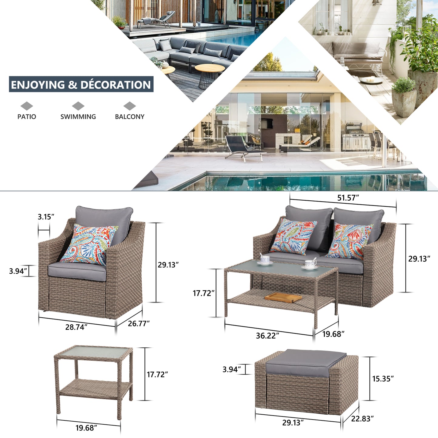 Outdoor Patio Sectional Furniture Set, 7 Piece PE Wicker Patio Conversation Sets Couch with Washable Cushions & Glass Table, Outdoor Rattan Sofa for Garden, Lawn, Backyard (Gray)