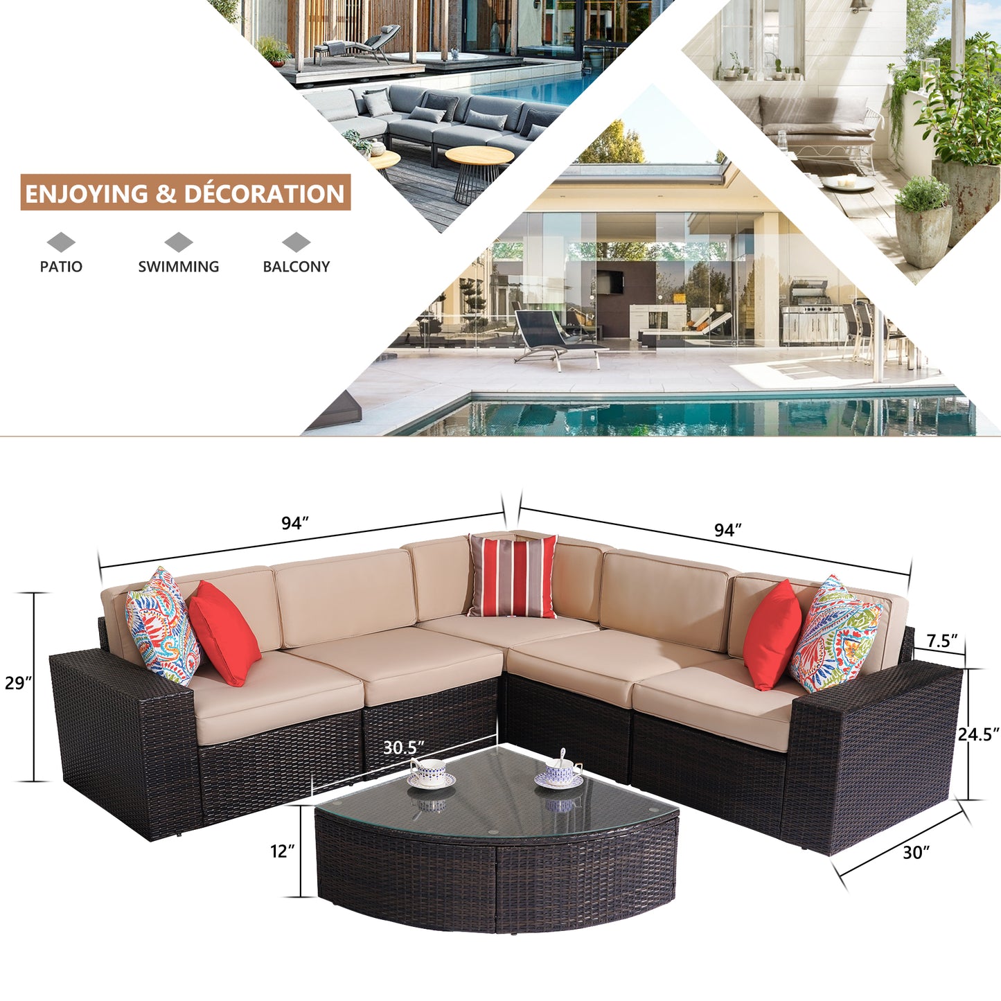 Outdoor Patio Furniture Set, 6-Piece Outdoor Conversation Sets All Weather Rattan Wicker Sectional Sofa Sets, Coffee