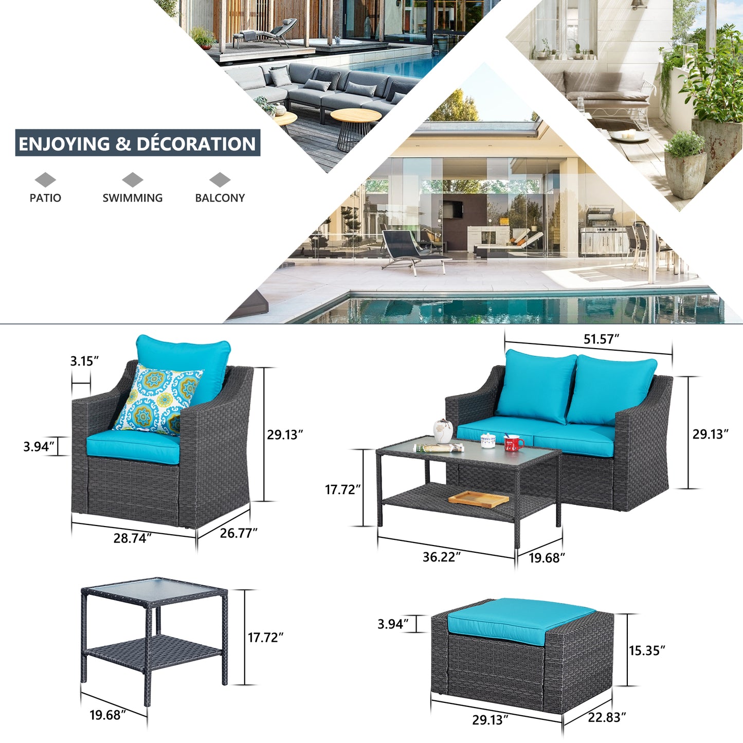 Outdoor Patio Sectional Furniture Set, 7 Piece PE Wicker Patio Conversation Sets Couch with Washable Cushions & Glass Table, Outdoor Rattan Sofa for Garden, Lawn, Backyard (Blue)