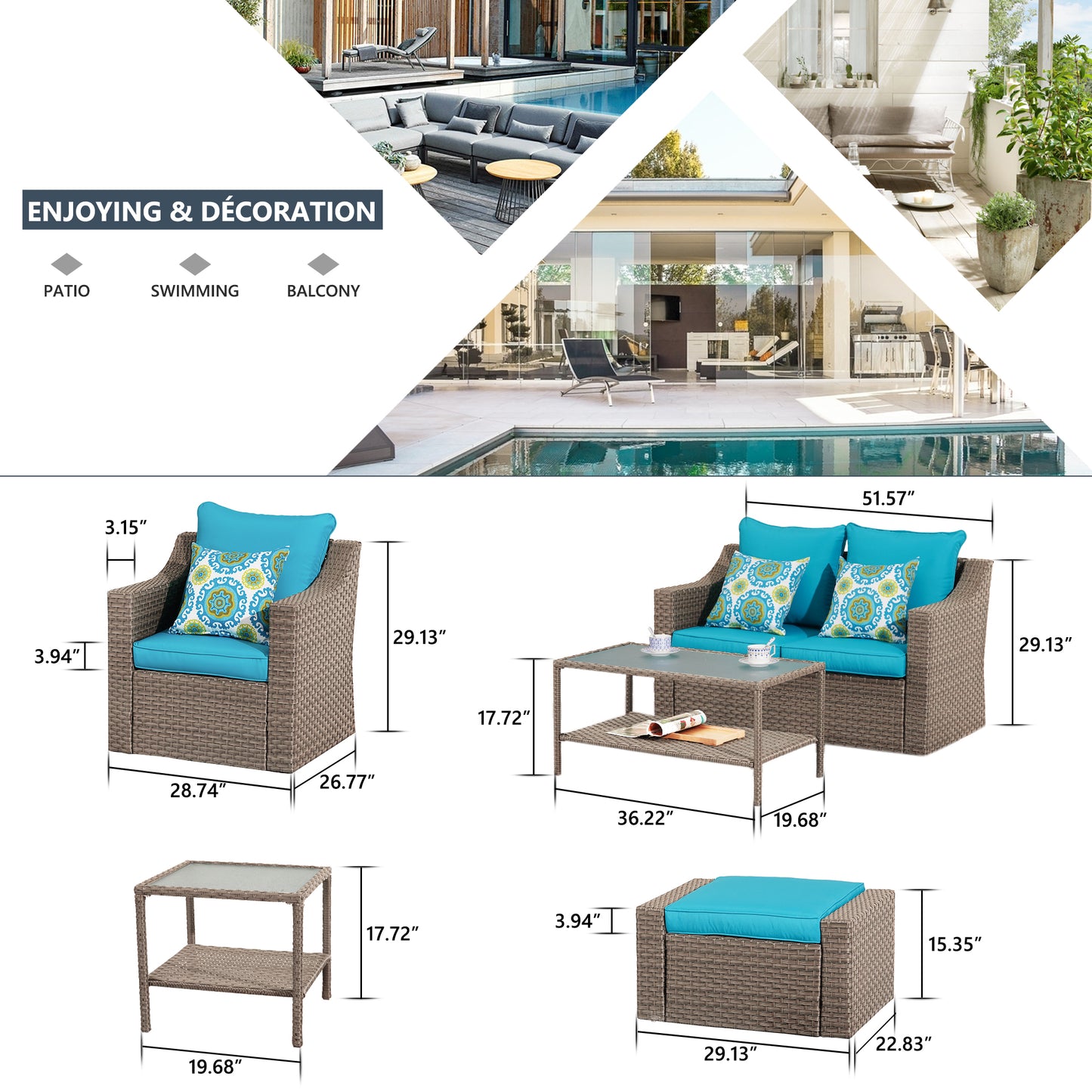 Outdoor Patio Sectional Furniture Set, 7 Piece PE Wicker Patio Conversation Sets Couch with Washable Cushions & Glass Table, Outdoor Rattan Sofa for Garden, Lawn, Backyard (Blue)