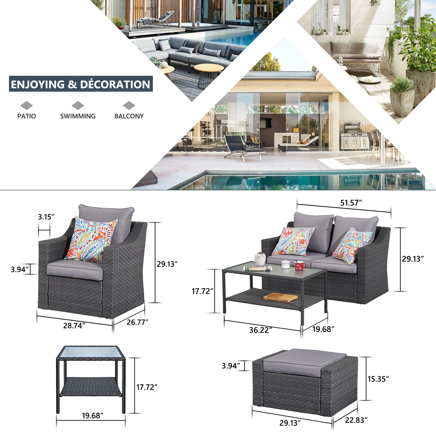 Outdoor Patio Sectional Furniture Set, 7 Piece PE Wicker Patio Conversation Sets Couch with Washable Cushions & Glass Table, Outdoor Rattan Sofa for Garden, Lawn, Backyard (Gray)
