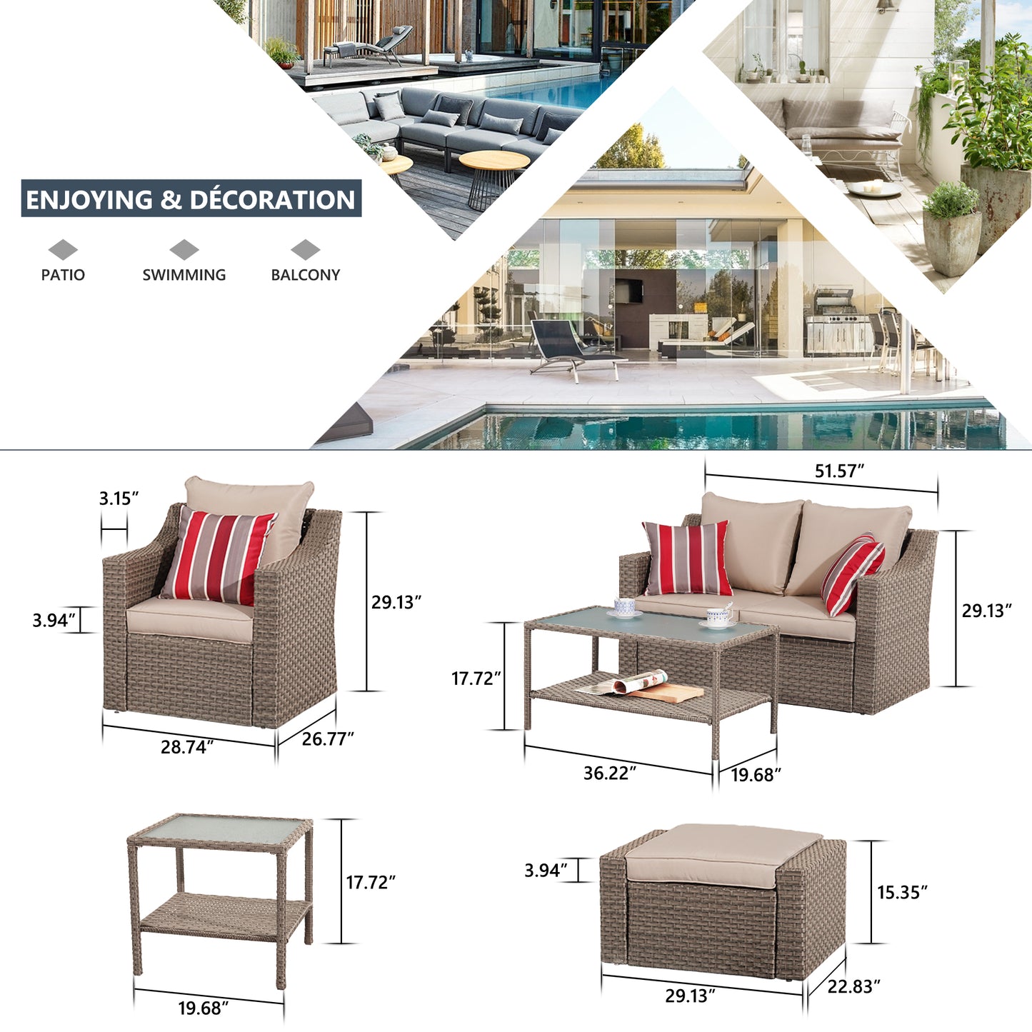 Outdoor Patio Sectional Furniture Set, 7 Piece PE Wicker Patio Conversation Sets Couch with Washable Cushions & Glass Table, Outdoor Rattan Sofa for Garden, Lawn, Backyard (Khaki)