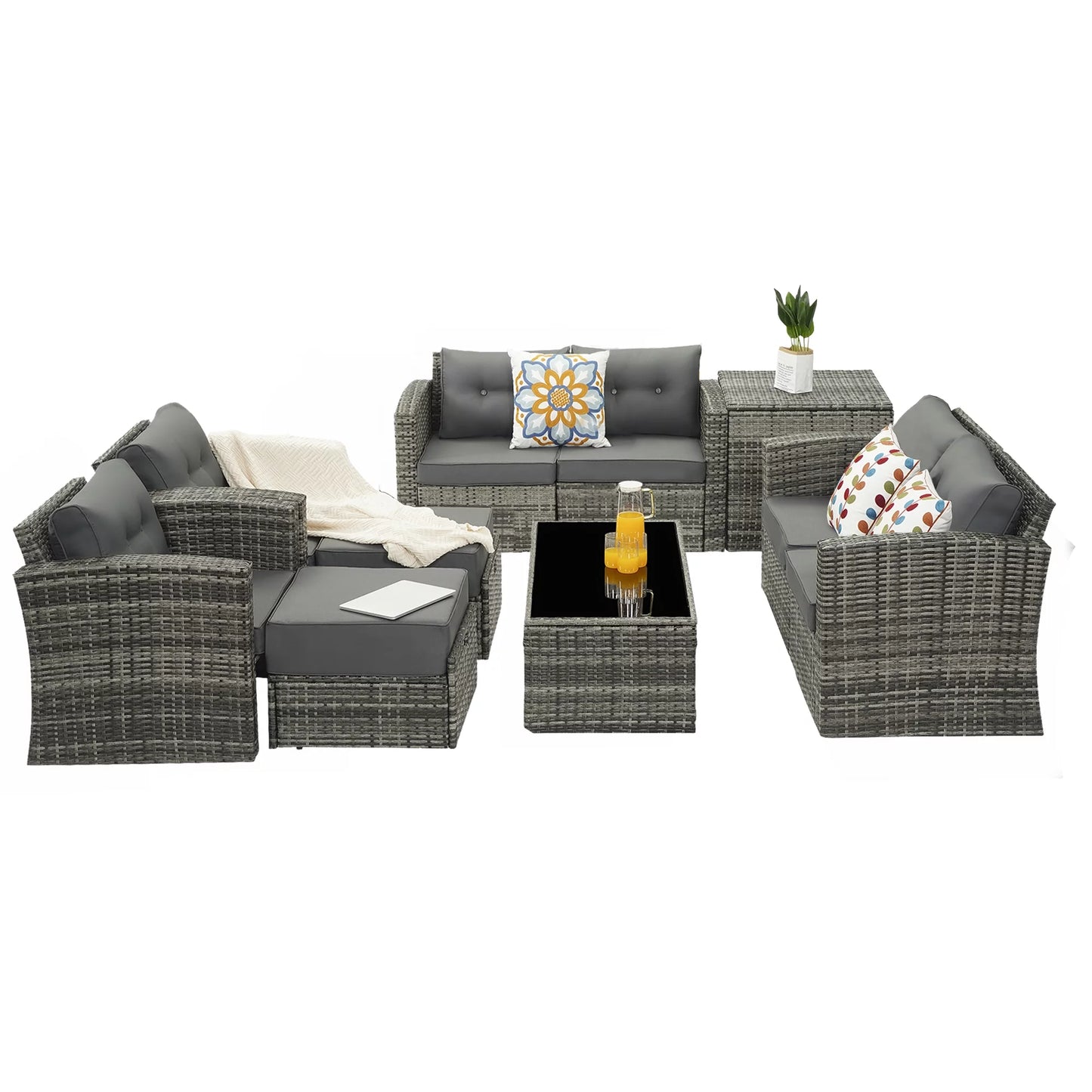 Royalcraft Outdoor Patio Furniture,10 Pieces All-Weather Patio Conversation Set Wicker Sectional Sofa with Non-slip Cushions,Aluminum Frame,Grey