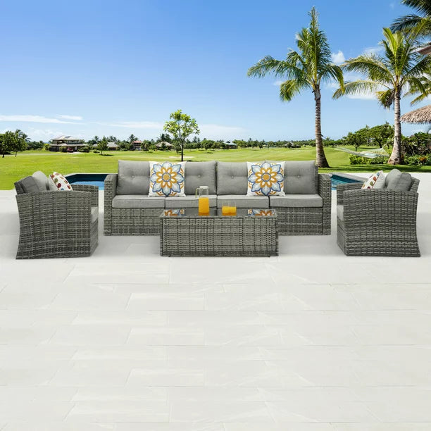 Royalcraft Outdoor Patio Furniture,10 Pieces All-Weather Patio Conversation Set Wicker Sectional Sofa with Non-slip Cushions,Aluminum Frame,Grey