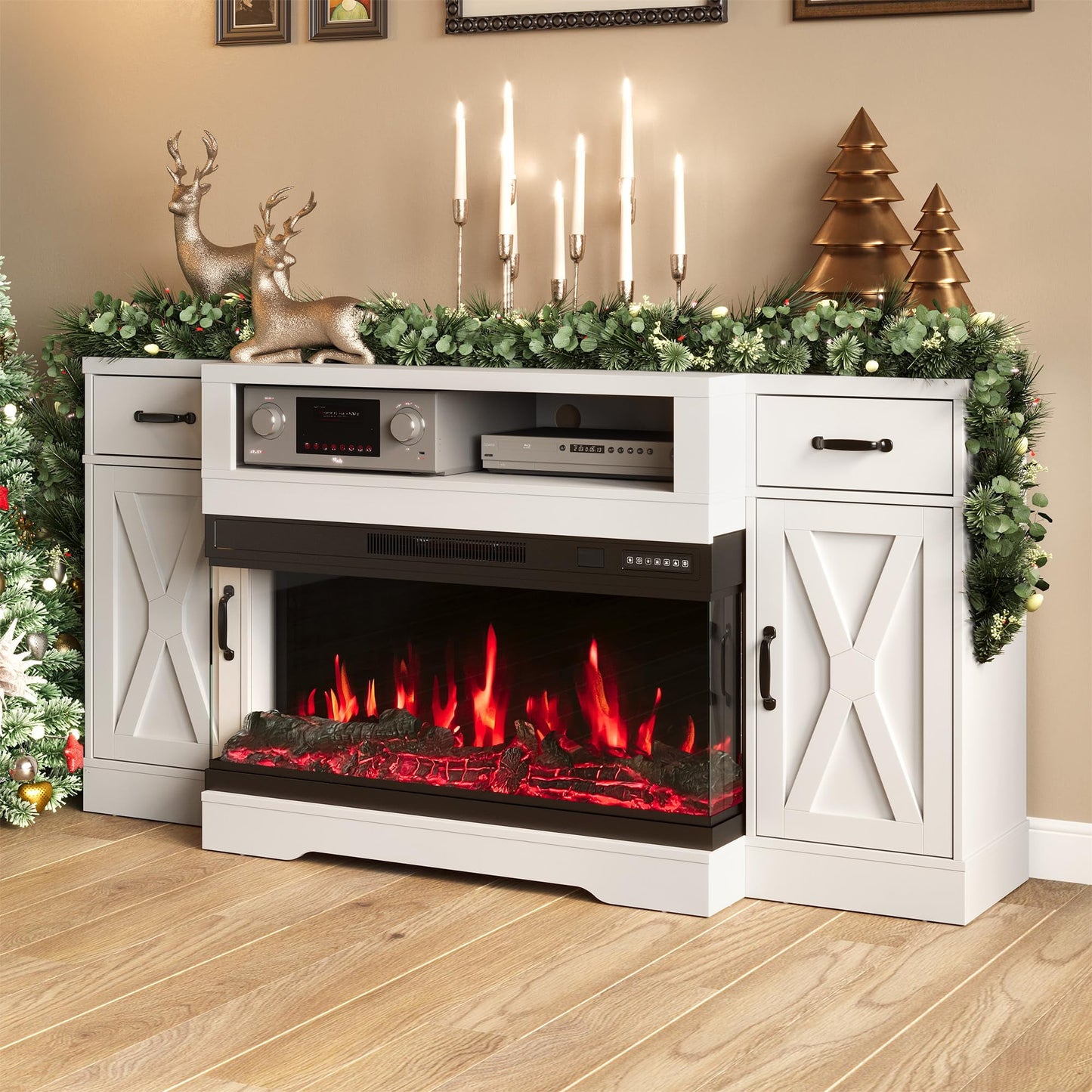 Heynemo TV Stands with 36'' Fireplace for TVs up to 75'', Media Console Table with Adjustable Shelves, Double-door Design, Entertainment Center for Living Room, Bedroom, White