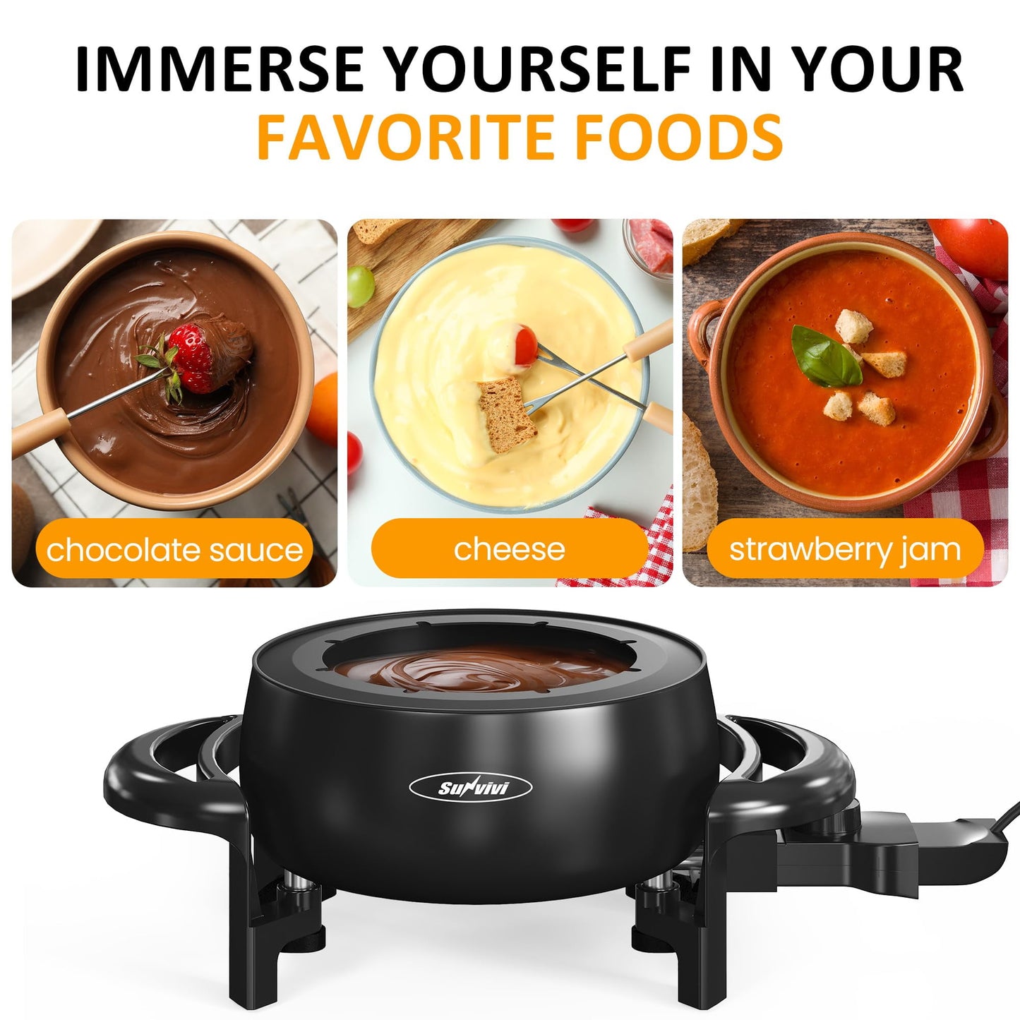 RoyalCraft Electric Fondue Pot Set for Melting Chocolate Cheese, 3 Quart Fondue Set with Adjustable Temperature Control and 8 Color-Coded Forks, 1000W Non-Stick Fondue Maker for Dessert, Oil and Broth