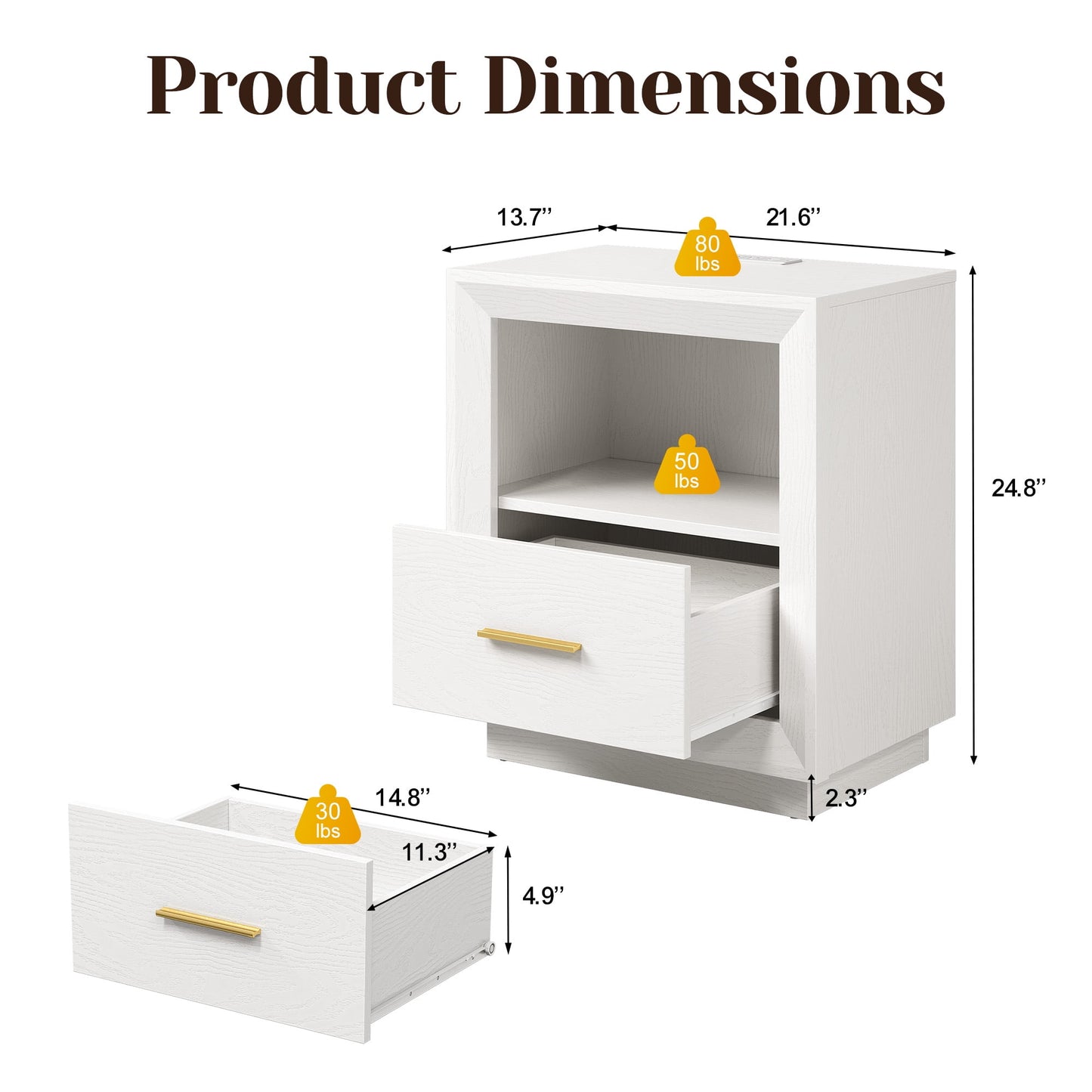 Heynemo Smart Nightstand Duo: Charging Bedside Tables with Big Storage Drawer, Dual USB-C Hub, Multi-Functional Cabinet for Bedroom, Set of 2, White