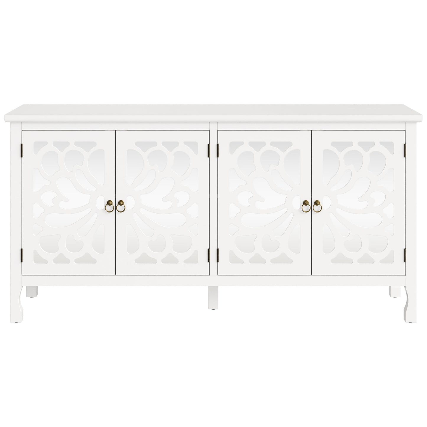 Heynemo Carved Sideboard Cabinet with Storage, 63'' Modern Buffet Cabinet with Mirrored Door and Adjustable Shelves, Accent Cabinet for Entryway, Dining Room, Living Room, White