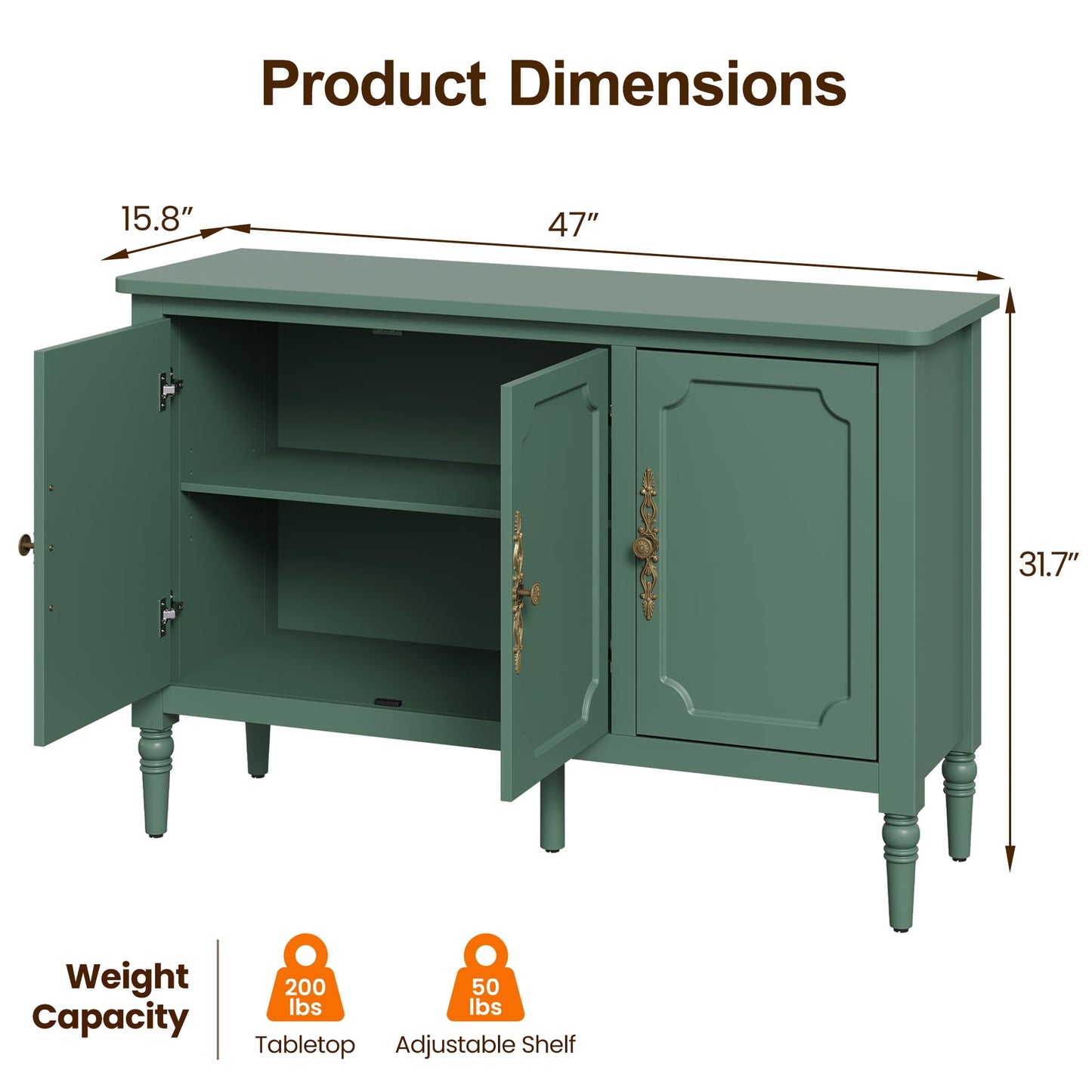 Heynemo 3-Door Storage Cabinet with Adjustable Shelves, Accent Sideboard Cabinet with Turned Legs, Wood Pantry Cabinet, Mid-Century Buffet Cabinet for Entryway, Living Room, Dining Room, Green