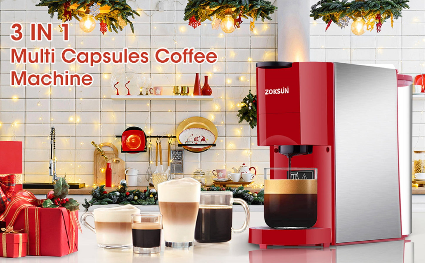 Homepraise 3 IN 1 Multi Capsules Coffee Machine,coffee machine with automatic cleaning function,for Strong Espresso,Americano Coffee,Cappuccino,Macchiato et,Red