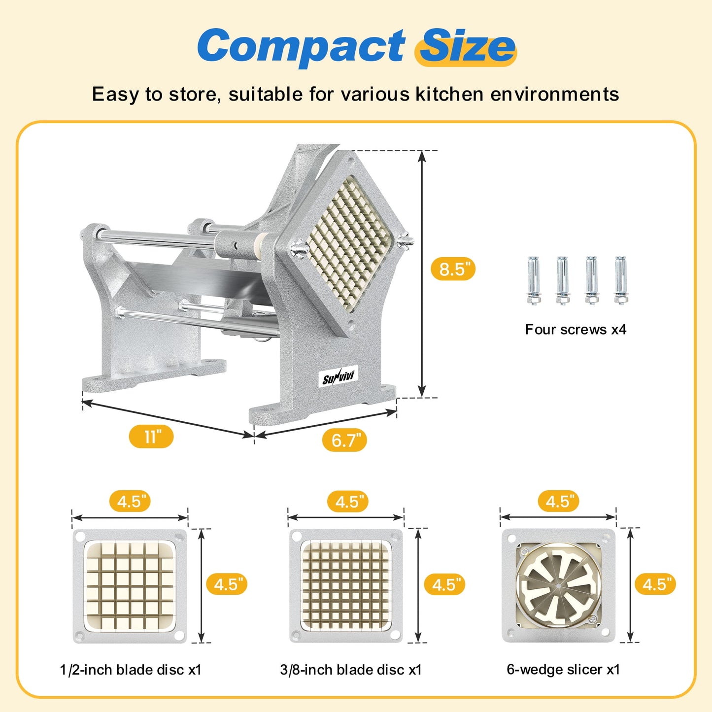 Sunvivi Commercial French Fry Cutter, Heavy Duty Potato & Vegetable Slicer with 3 Blades (1/2", 3/8", 6-Wedge), Stainless Steel