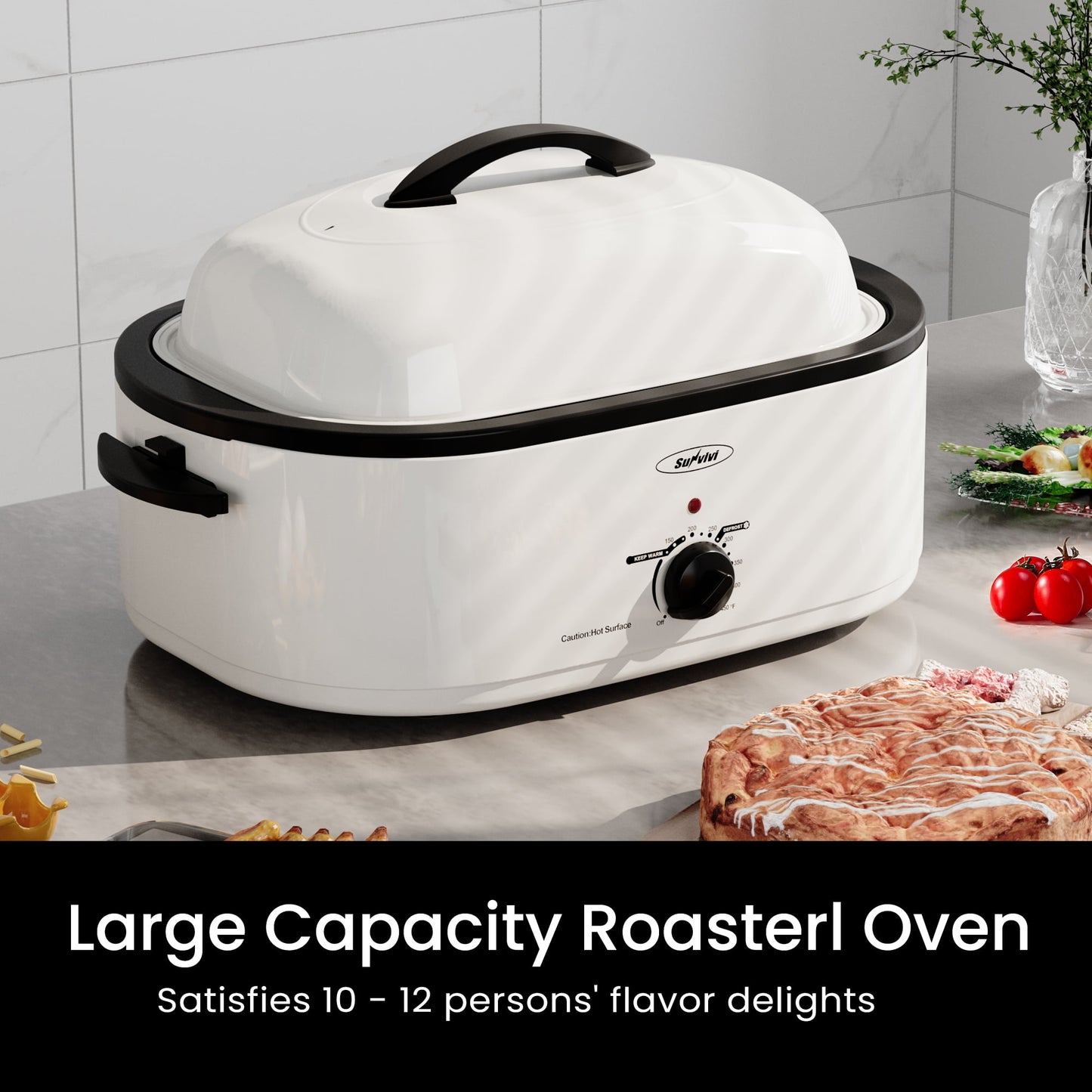 Sunvivi Roaster Oven with Self-Basting Lid, 18qt Electric Roaster with Removable Pan & Rack, Turkey Roaster Oven with Defrost & Warm Function, Stainless Steel, White