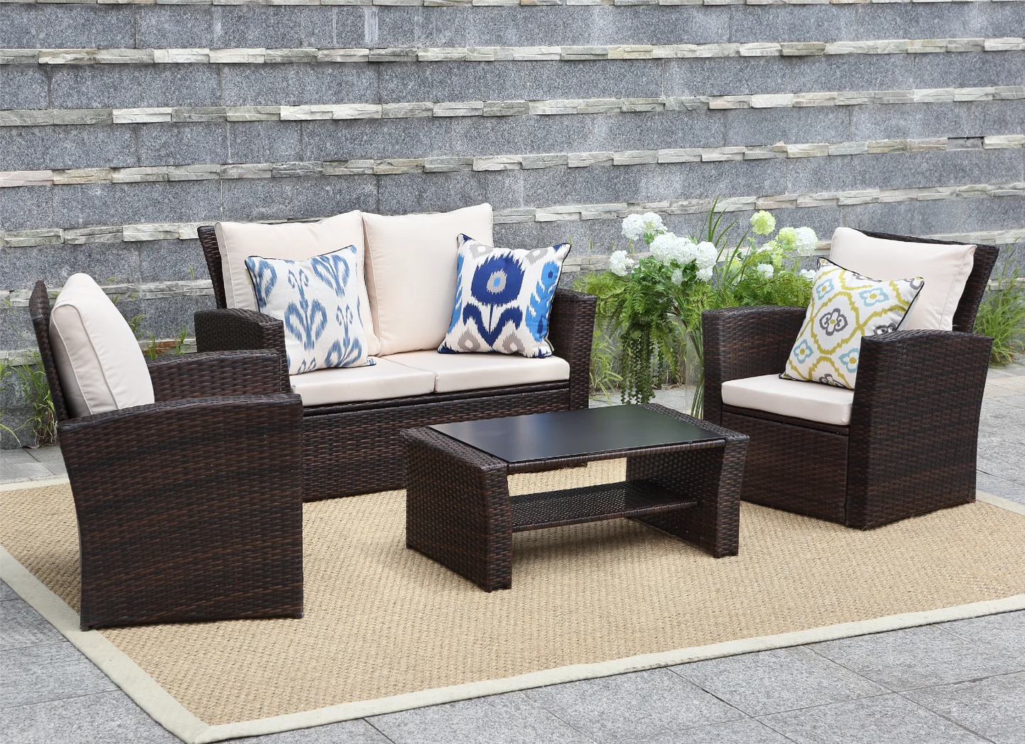 Cozyhom 4 Piece Rattan Outdoor Patio Sofa Furniture Sets, Wicker Conversation Couch Sets Rattan Sofa Chair With Cushion For Backyard Lawn Garden, Brown