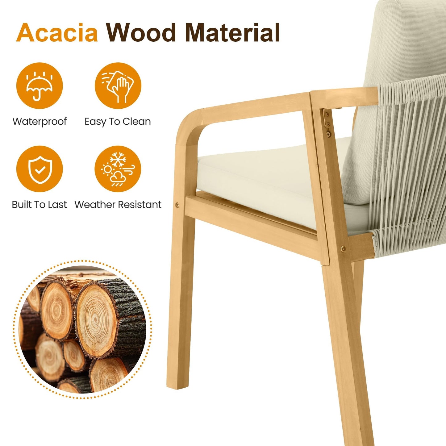 RoyalCraft Acacia Patio Dining Chairs Set of 4, Outdoor Wood Dining Chairs with Thick Cushions, Modern Patio Chairs with Woven Rope Backrest for Porch, Backyard, Garden, Indoor, Beige