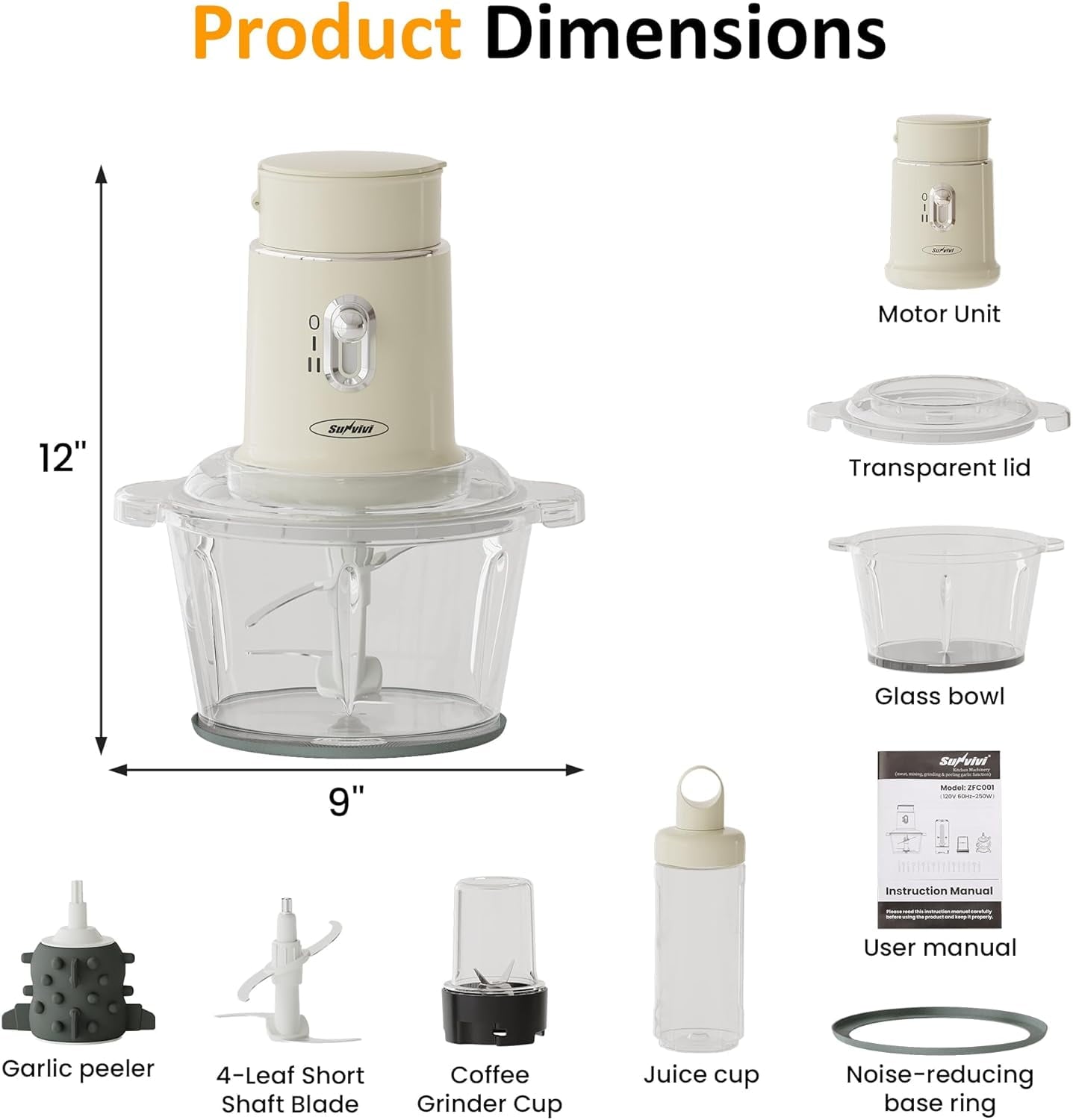 CozyHome Electric Food Chopper, Electric 4 in 1 Food Grinder for Grinding Meat, Peeling Garlic & Juicing, 2 Speed Blender and Food Processor Combo with 1.5L Glass Bowl & 2 Cups (0.4L+0.2L), 250W Beige