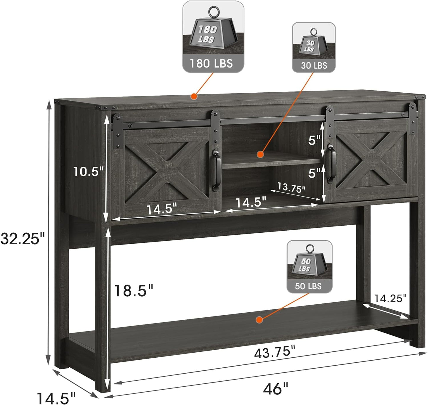 Superjoe Farmhouse Console Table w/Storage & Sliding Barn Door for Entryway, 46" Wood Foyer Table w/Adjustable Shelf, Coffee Bar Sideboard for Hallway, Living Room, Dark Gray