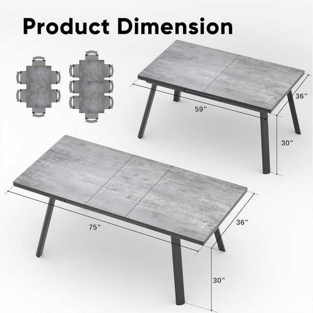Royalcraft Patio Dining Expandable Table, 59"- 75" Aluminum Outdoor Dining Table, Rectangular Patio Table with Adjustable Feet, Metal Outdoor Table for 4-8 Person, Backyard Garden Porch Deck, Grey