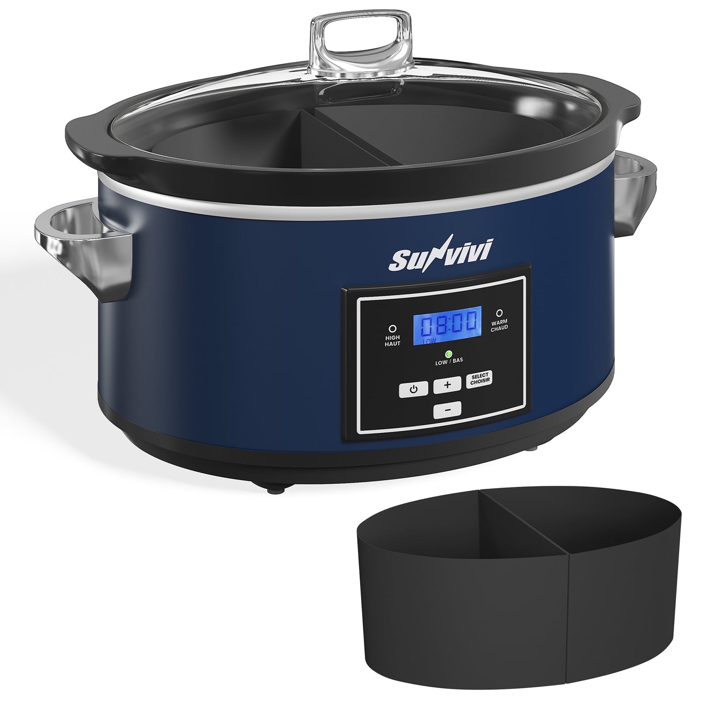 Sunvivi Programmable Slow Cooker with 2-in-1 Silicone Liners - Digital Timer - 7QT, Blue