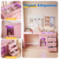 May in Color Pink Extendable Vanity with LED Lights, Rotatable L?Shaped Makeup Vanity Desk, 5 Drawers & Arched Glass Cabinet, Multi?Purpose Desk for Working, Studying, Drawing, Sewing, Nail Care