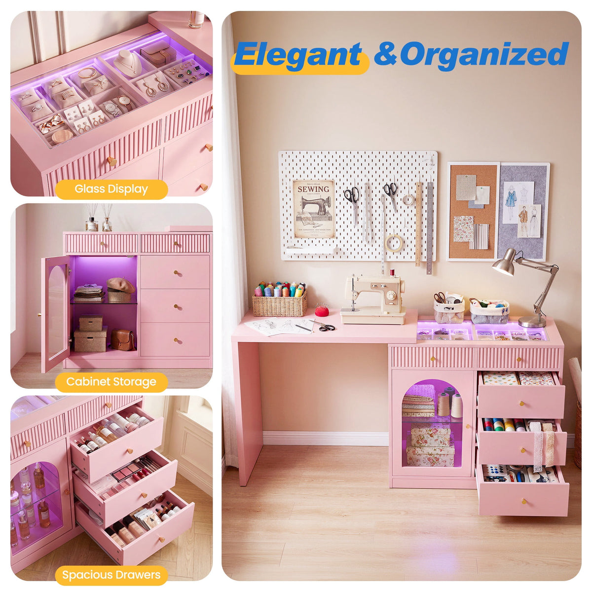 May in Color Pink Extendable Vanity with LED Lights, Rotatable L?Shaped Makeup Vanity Desk, 5 Drawers & Arched Glass Cabinet, Multi?Purpose Desk for Working, Studying, Drawing, Sewing, Nail Care