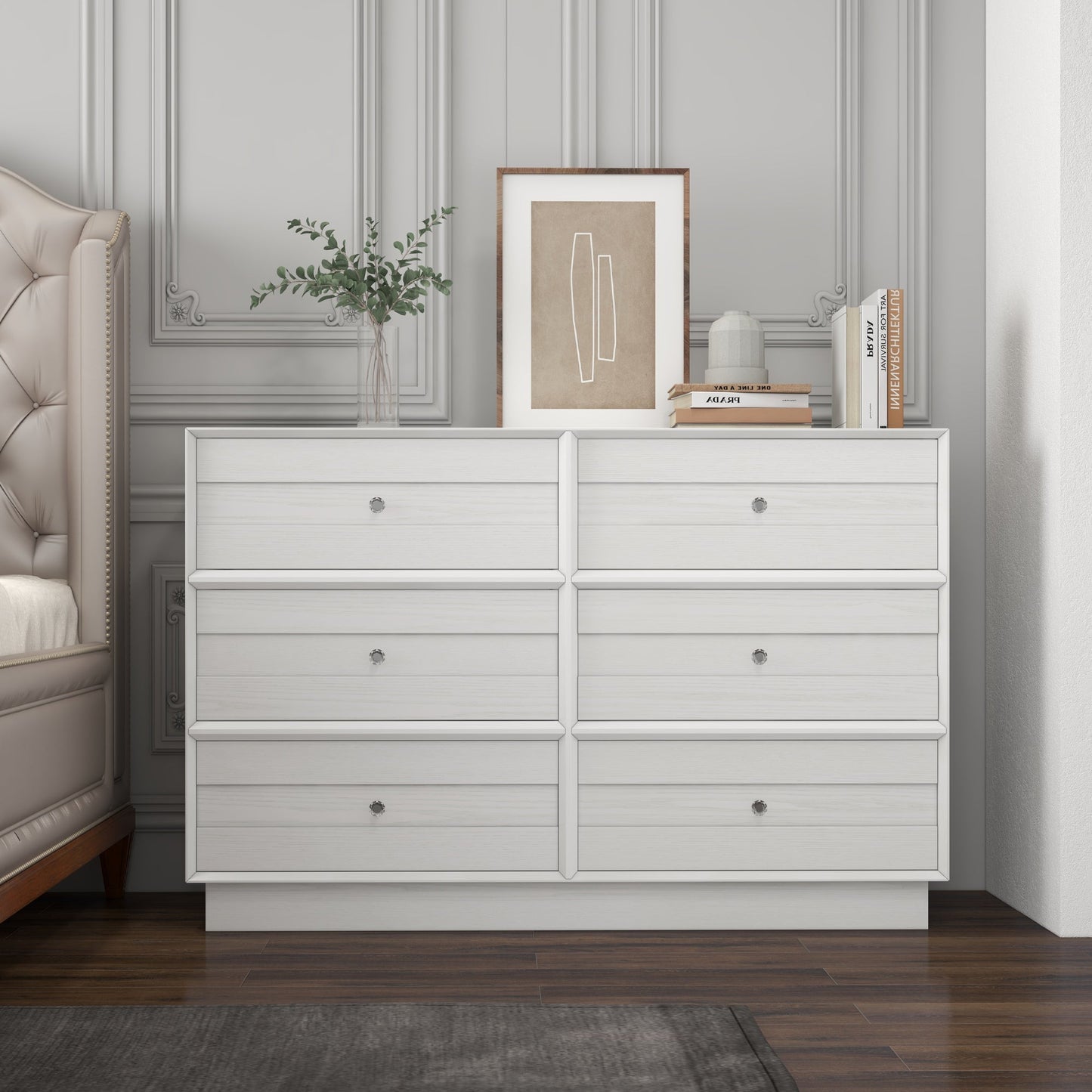 Royalcraft 6 Drawer Dresser, Modern Closet Dressers Chest of Drawers with Crystal Knobs & Decorative Painted Strip, Wood Storage Cabinet for Bedroom Living Room Hallway Closet