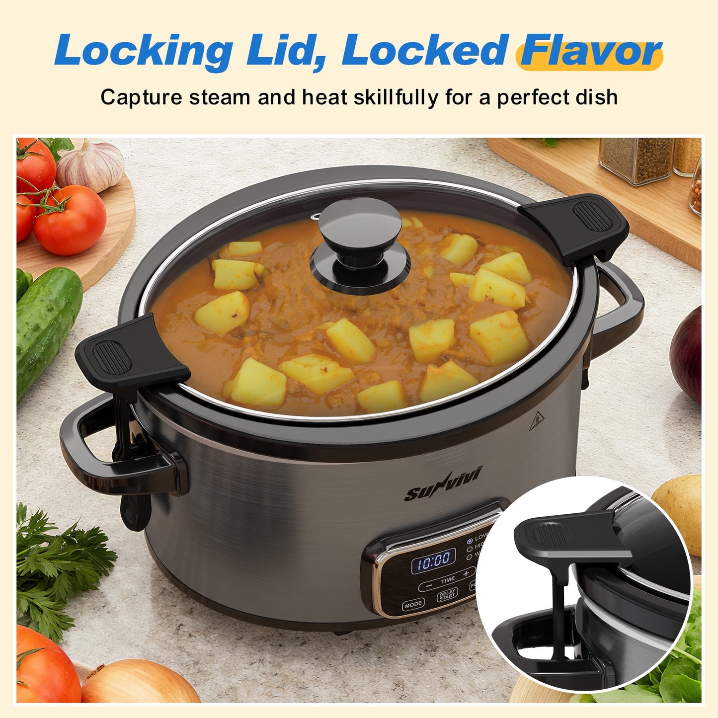 Sunvivi 4QT Digital Slow Cooker, Programmable Crock Pot with Locking Lid, Timer, 3 Heat Settings & Removable Ceramic Insert, Gray