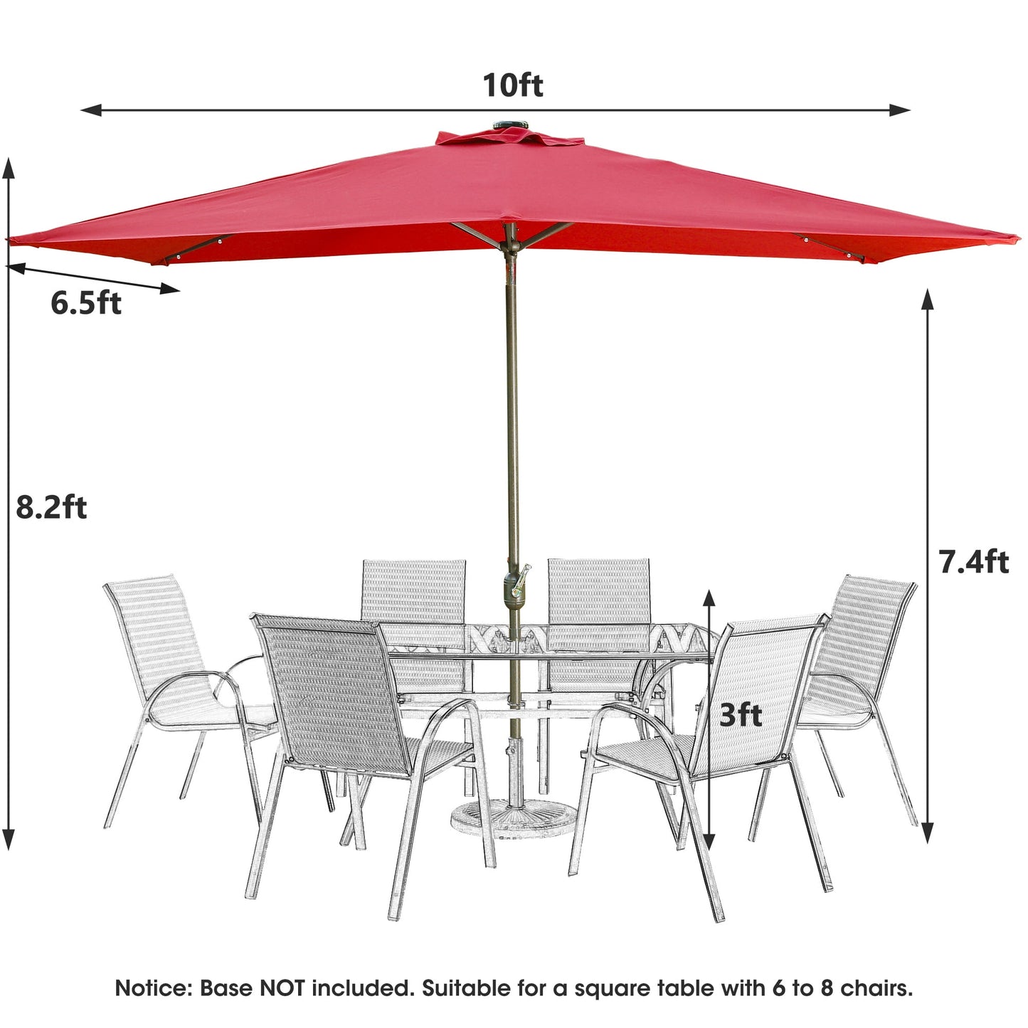 Heynemo 10x 6.5ft Rectangular Patio Umbrella, Outdoor Table Market Umbrella with Crank, 6 Steel Ribs, Polyester Canopy, Aluminum Pole,Red