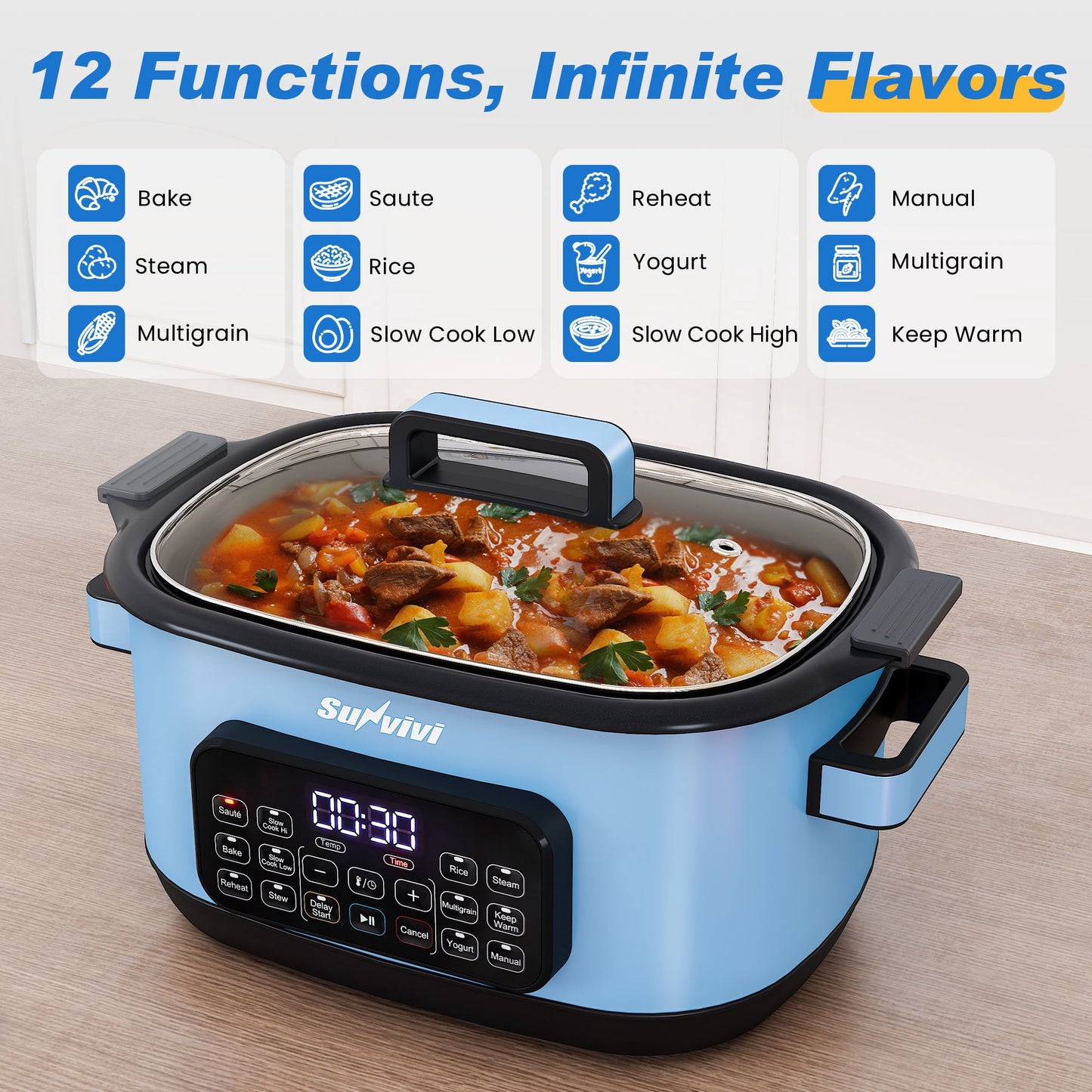 Heynemo 12-in-1 Digital Programmable Slow Cooker, 6.5 QT Large Multicooker, Multi-Cooker with Timer, Temp Control, Blue