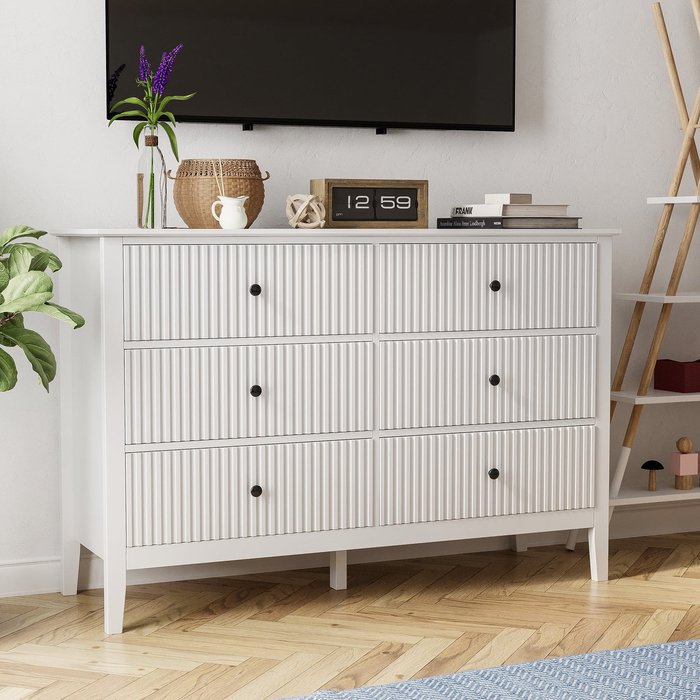RoyalCraft Revamp 6-Drawer Double Dresser, White Wooden Storage Cabinet for Bedroom