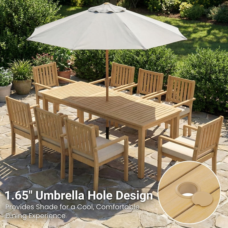 68"¡Á32" Acacia Outdoor Dining Table with Umbrella Hole, Rectangle Patio Table, Solid Acacia Wood Outside Table for Backyard Deck Garden, Light Teak,Heynemo