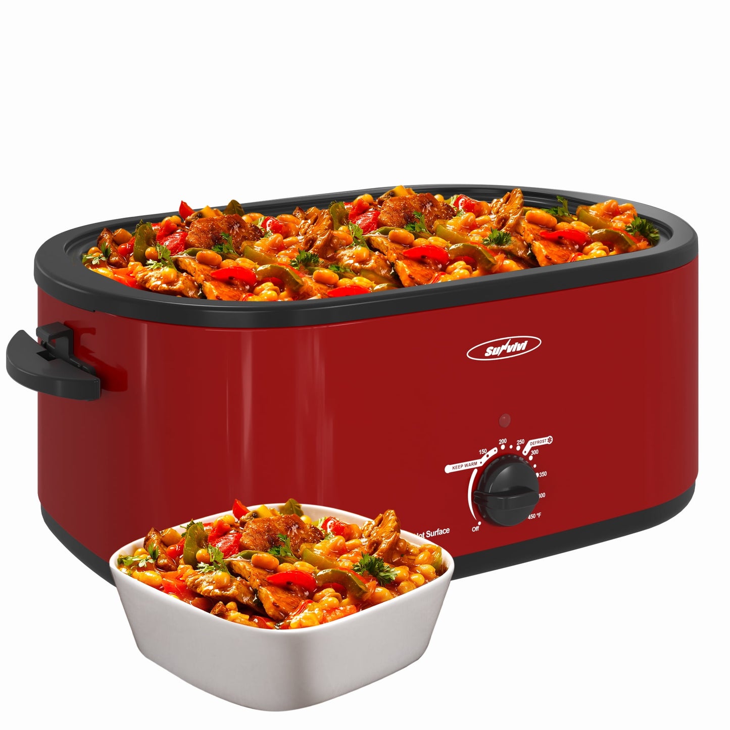 Sunvivi 26 Quart Electric Turkey Roaster Oven with Visible Glass Lid,Removable Pan & Rack, Stainless Steel,Red