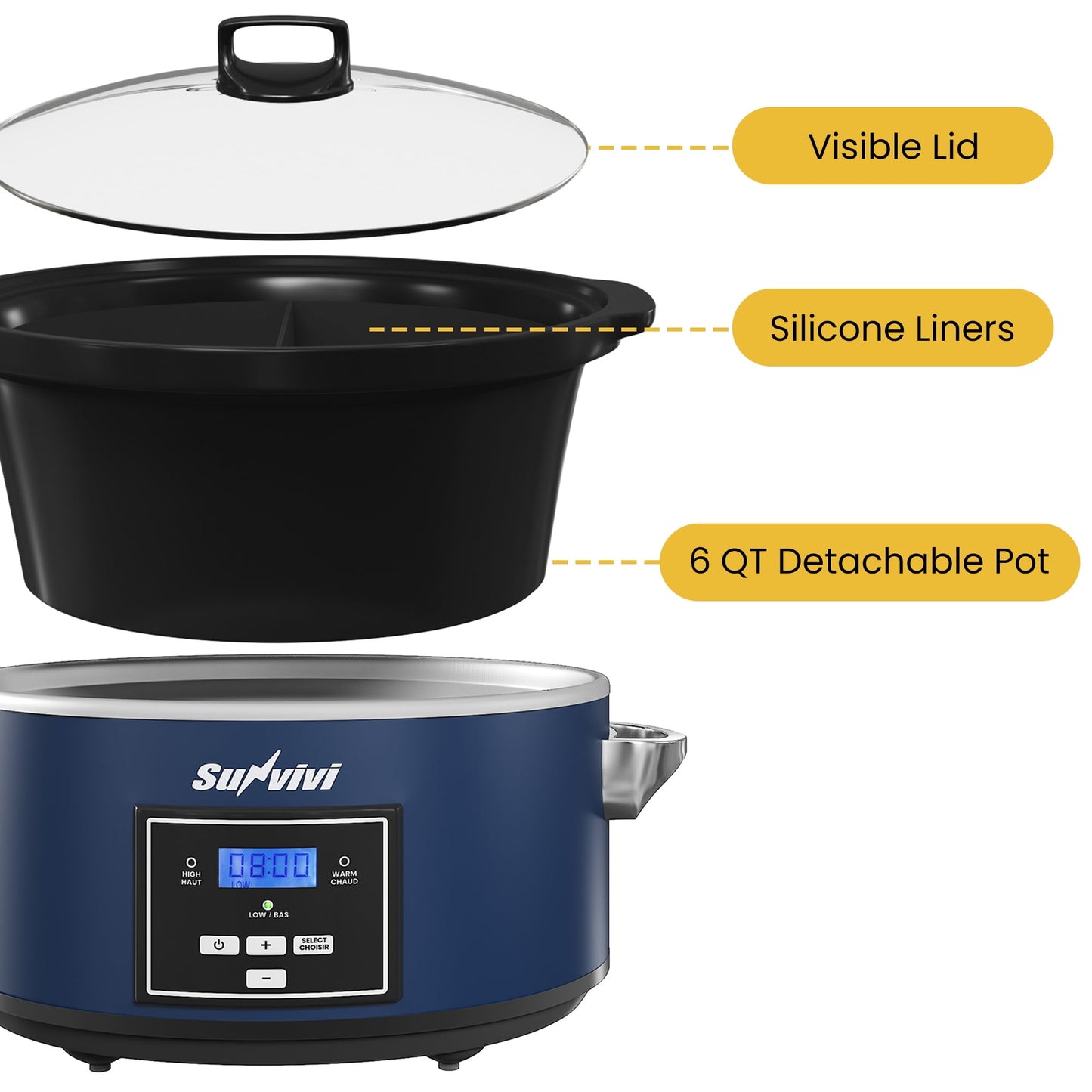Sunvivi Programmable Slow Cooker with 2-in-1 Silicone Liners - Digital Timer - 7QT, Blue