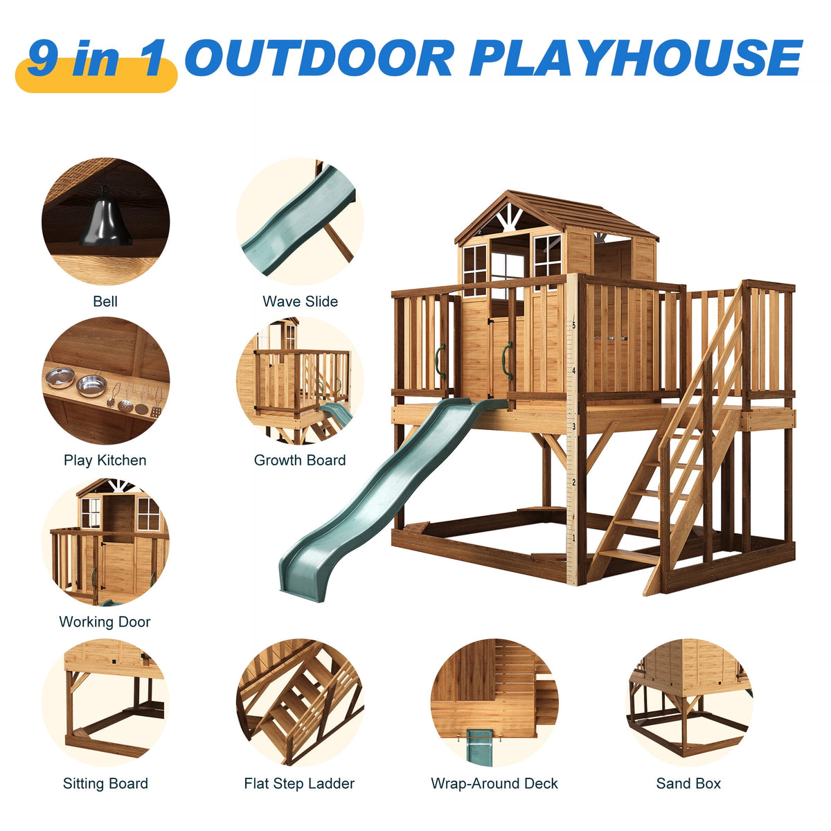 May in Color 9-in-1 Outdoor Wooden Playhouse with Slide & Sandbox - Backyard Playset for Kids Ages 3-10 - Natural Fir Play Center with Play Kitchen, Growth Chart & Safety Rails